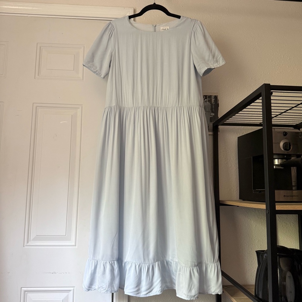 CLAD & CLOTH dusty‎ blue rayon prairie babydoll short sleeve midi dress